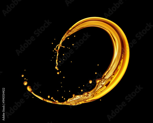 Dynamic swirling golden oily splashes on a black background. Generative AI