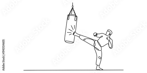 Martial Artist Kicking Punching Bag Continuous One Line Vector Illustration