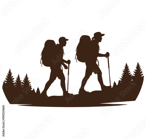 Two hikers with backpacks walking through a forest with trees