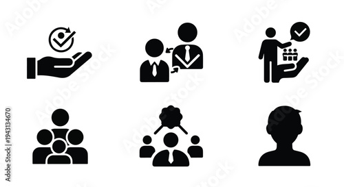 Set of 6 black glyph vector icons representing business management, teamwork, human resources, and customer service concepts for websites and apps
