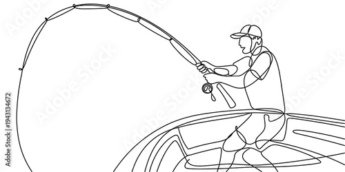 Fisherman Catching Fish From Boat Continuous One Line Vector Illustration