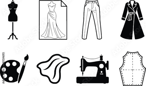 Fashion design icon set including dress form and sewing machine