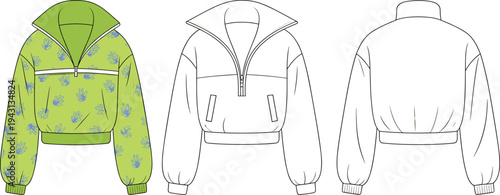 Green and white cropped jacket with blue floral pattern and zipper details shown in three views