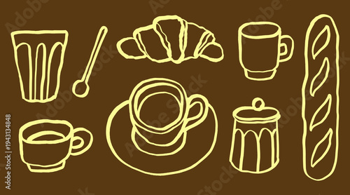Hand-drawn coffee and bakery set with cups, glass, croissant and baguette. Minimal vector illustration with organic line art in naive doodle style