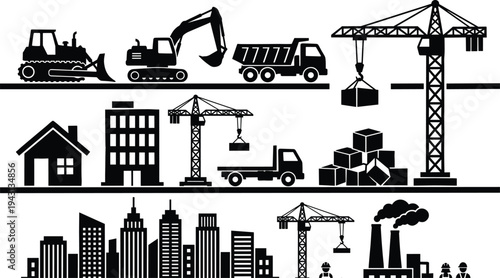 Black construction silhouette icons featuring heavy machinery, tower cranes, dump trucks, excavators, industrial factories, and modern city skyline development buildings