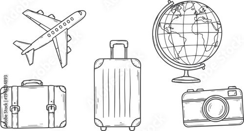 Simple travel icon collection featuring an airplane globe luggage and camera. Hand drawn outline symbols for tourism vacation and international journey branding materials title sathe miliye keywords 4
