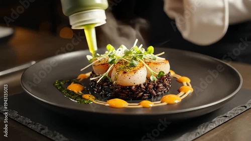 Gourmet dish presentation featuring seared seafood and garnishes on dark plate
