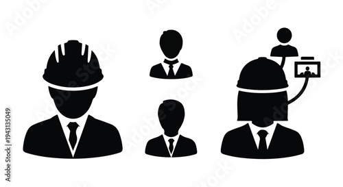 Set of 5 black silhouette vector icons depicting male and female engineers and business professionals, ideal for corporate websites, presentations, and job recruitment graphics.