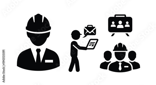 Set of 4 black flat vector icons depicting construction workers, engineers, and business professionals, ideal for industrial, corporate, and technology-related designs.