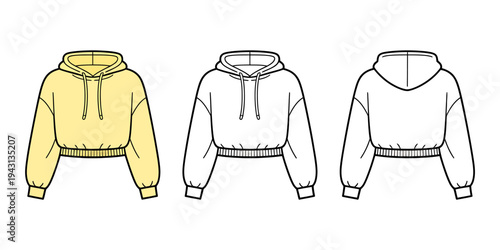 Three different views of cropped hoodies with drawstrings and ribbed cuffs and waistband