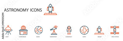 astronomy icons set outline and Flat Style,transparent background
