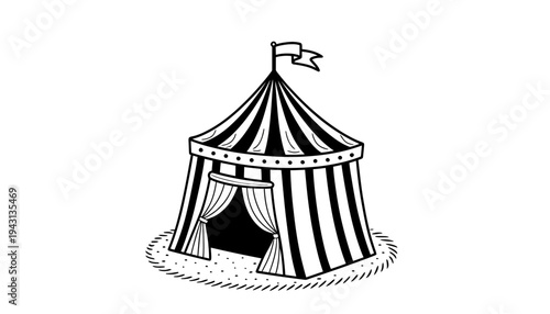 A black and white illustration of a circus tent with a flag