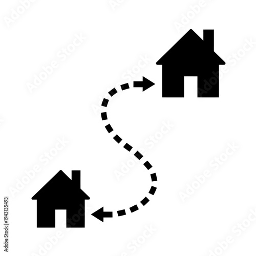 Black house icons moving in a curved dotted line path with arrows  relocation concept