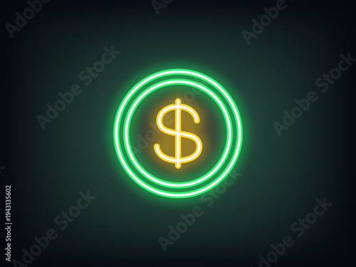 Outline neon dollar coin, green yellow. Neon coin with dollar sign, outline token. USD currency, digital money token, financial market and trade, money earn, finance budget, bank cash. Vector