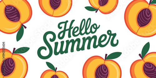 Hello Summer peach fruit pattern with green text on white background