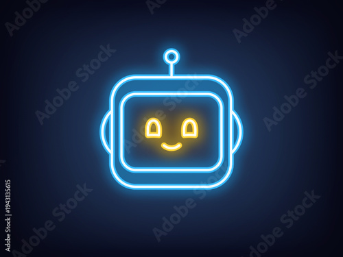 Outline neon chat bot, blue yellow. Neon robot face with cute smile. Friendly virtual assistant, smart bot with AI algorithms, chatbot technology for business tasks, digital helper. Vector