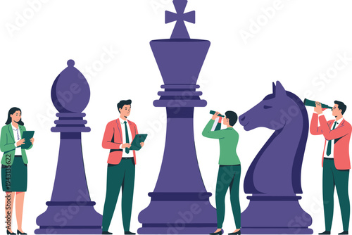 Business strategy planning concept with chess pieces, leadership vision, corporate teamwork and strategic decision making illustration