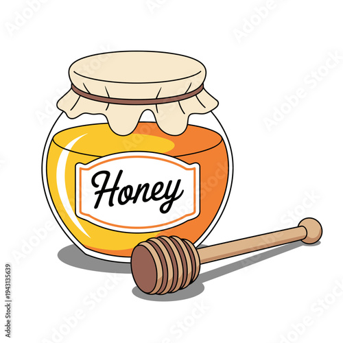 Honey jar with dipper stick on white background