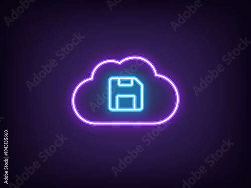 Outline neon cloud storage, violet blue. Neon cloud with diskette icon, cloud technology and security. Remote data storage, file save backup server, virtual database for safe update. Vector