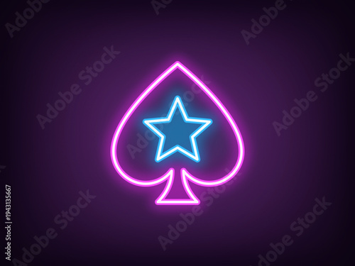 Outline neon poker spade, magenta blue. Neon spade suit with star icon, outline silhouette. Royal poker game, spades ace, play card suit, poker superstar, casino playroom, jackpot. Vector