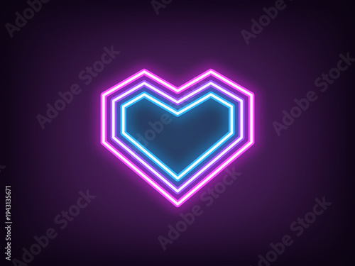 Outline neon geometric heart, magenta violet blue. Neon angular heart with concentric outline silhouette. Digital love, romantic symbol, retro heart sign, geometric angular shape, amour. Vector