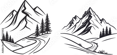 Twin mountain valley scenes with pines.
