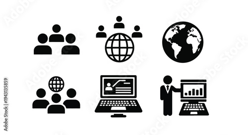 Set of 6 black flat vector icons depicting global business, teamwork, networking, online presentation, and digital communication for web design and marketing materials