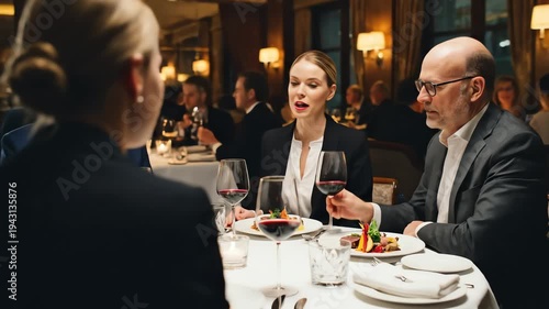 Group of people at restaurant table discussing over meal