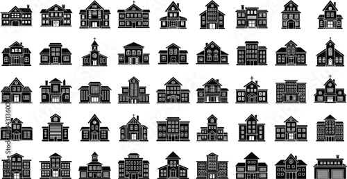 Black house silhouette icon set with various residential building designs and cottage architecture for real estate logos and neighborhood map illustrations