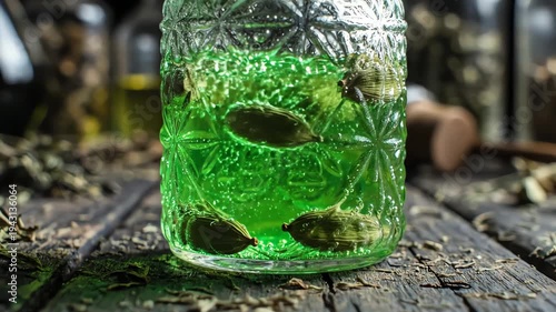 Jar of green liquid with herbs illuminated on wooden surface