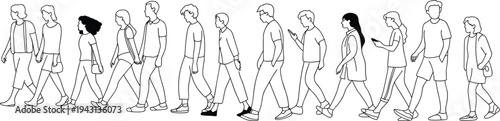 Group of diverse people walking in a line with various postures and activities