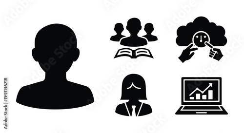 Set of 6 black silhouette business and education vector icons including user profile, team, learning, cloud computing, businesswoman, and data analysis on laptop, ideal for web, app
