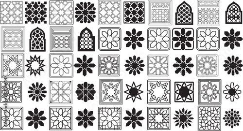Collection of various islamic geometric patterns and floral designs in black on white background