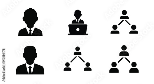 Set of 6 Black Business People and Organizational Structure Vector Icons for Corporate Hierarchy and Teamwork