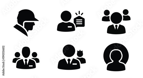 Set of 6 black glyph vector icons depicting various professional and user profiles, ideal for business, HR, and team management designs.