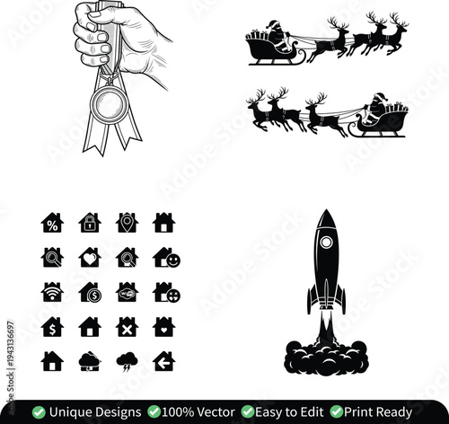 Hand Holding Winner Medal Ribbon Illustration, Santa Claus Sleigh with Reindeer Christmas Silhouette, Real Estate House Icons Set and Rocket Launch Startup Vector Collection
