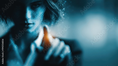 Woman in Suit Using Touchscreen Technology with Blurred Face in a Futuristic Digital Environment