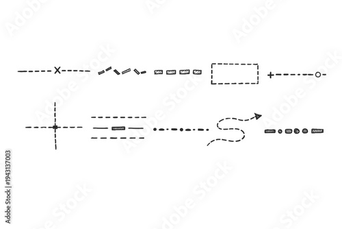 Hand-drawn line icon set. Dotted, dashed, linear icons for navigation and diagrams