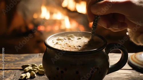 Steaming beverage in rustic mug before a cozy fire