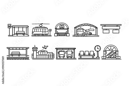 Public transportation outline icon set. Trains, buses, metro, and station icons outline style