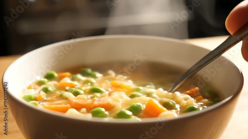 Steaming vegetable soup in a white bowl with spoon close up