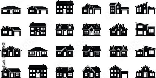 Black silhouette house icons, residential real estate buildings, modern suburban family homes, flat vector illustration set isolated on white background