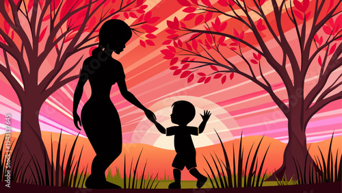 Silhouette of father and child walking through autumn trees at sunset
