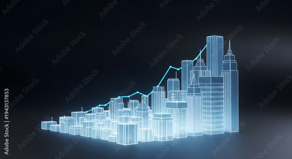 Fototapeta premium A futuristic cityscape with glowing blue lines and bars on a dark background representing data visualization and statistics