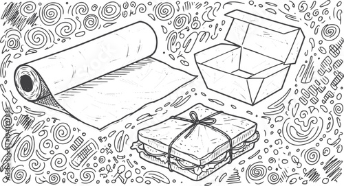 Collection of hand-drawn wax paper illustrations showing a roll, a box, a wrapped sandwich, and abstract scribbles in a simple black and white doodle art style