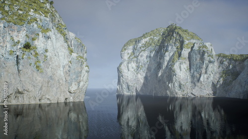 calm sea cliffs mirrored on water under overcast sky, mossy limestone faces and subtle horizon, glasslike surface with soft ripples and distant inlet