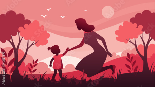Silhouette of parent and child walking through a field at sunset