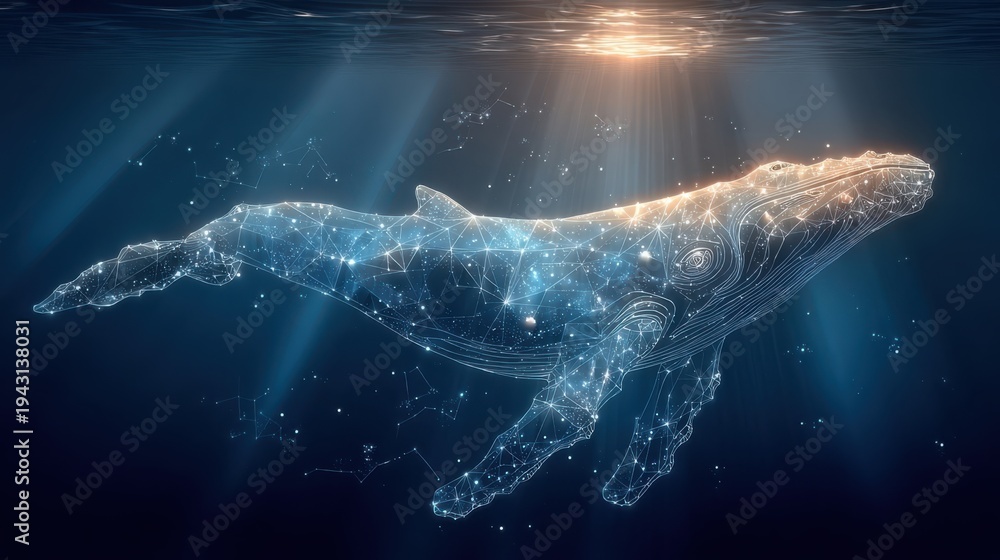 Fototapeta premium Majestic Whale Formed of Constellations Swimming Deep Beneath the Ocean Surface with Sunlight Filtering Through Water