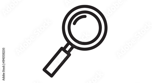 Simple black and white outline vector graphic illustration of a magnifying glass tool