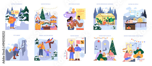 Winter Activities Vector Illustration Set with Various Scenes